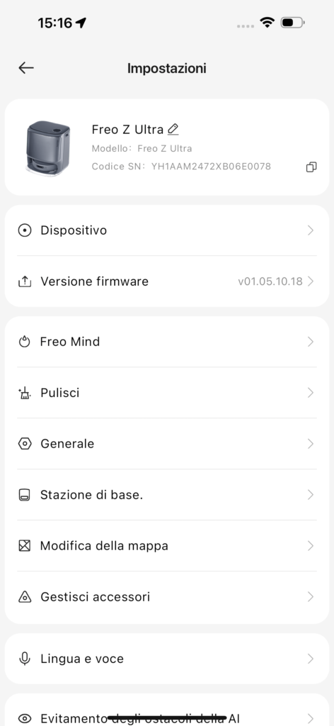 app narwal freo z ultra - impostazioni