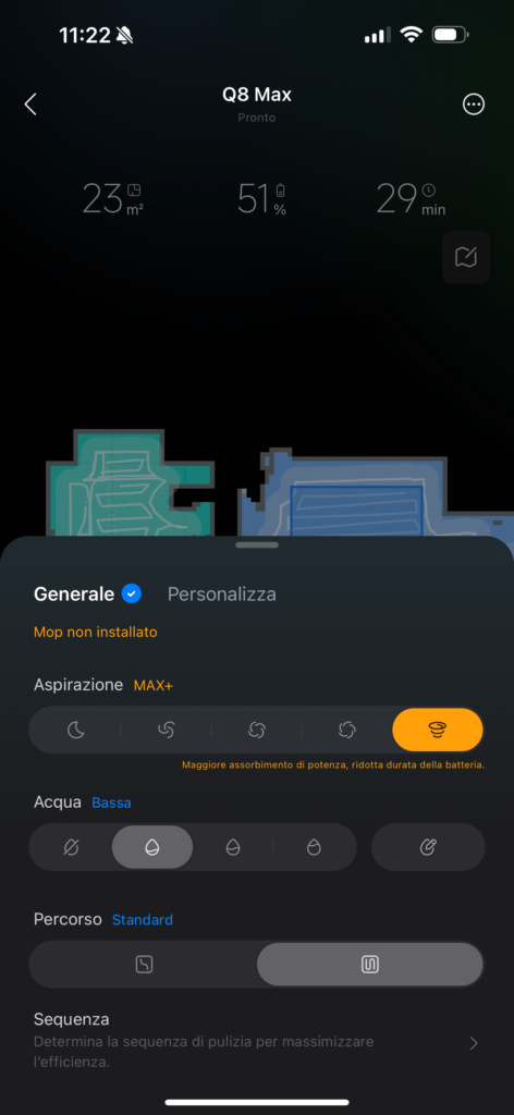 Roborock Q8 Max - app - impostazioni aspirazione e lavaggio